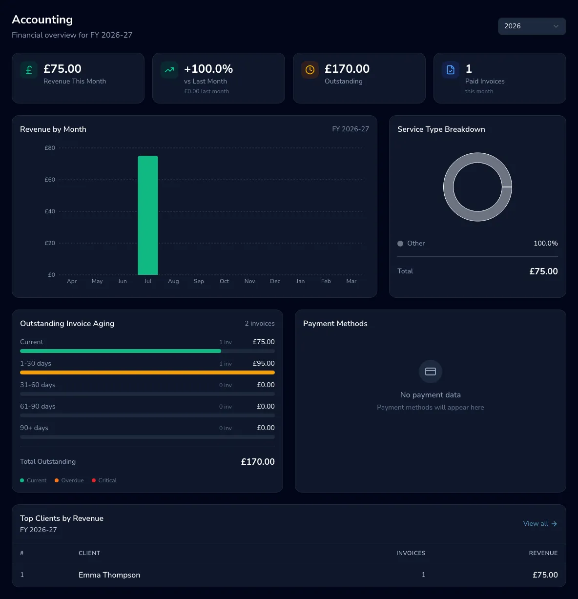 The accounting dashboard with revenue by month, service-type breakdown, aged receivables and top clients