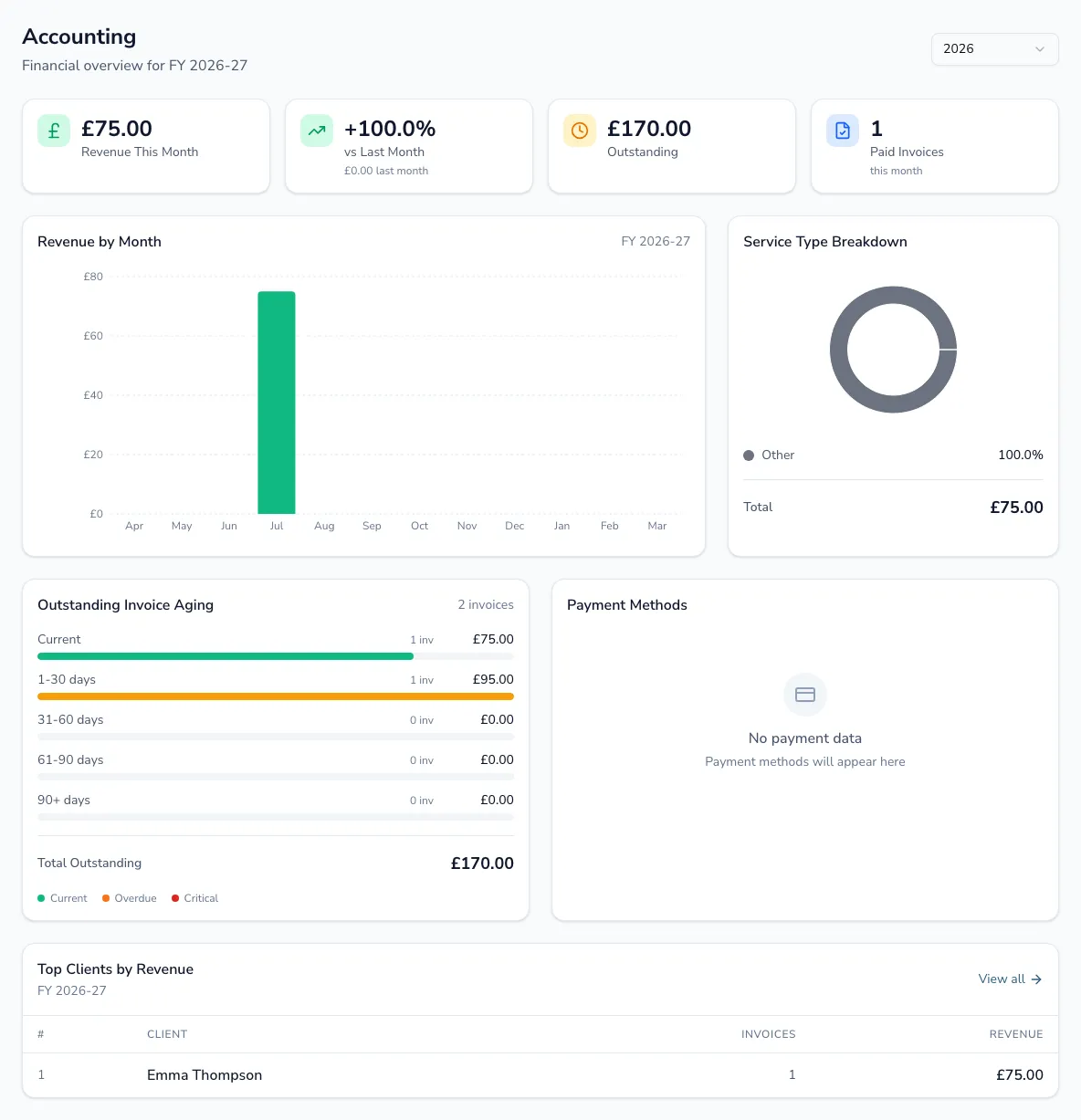 The accounting dashboard with revenue by month, service-type breakdown, aged receivables and top clients