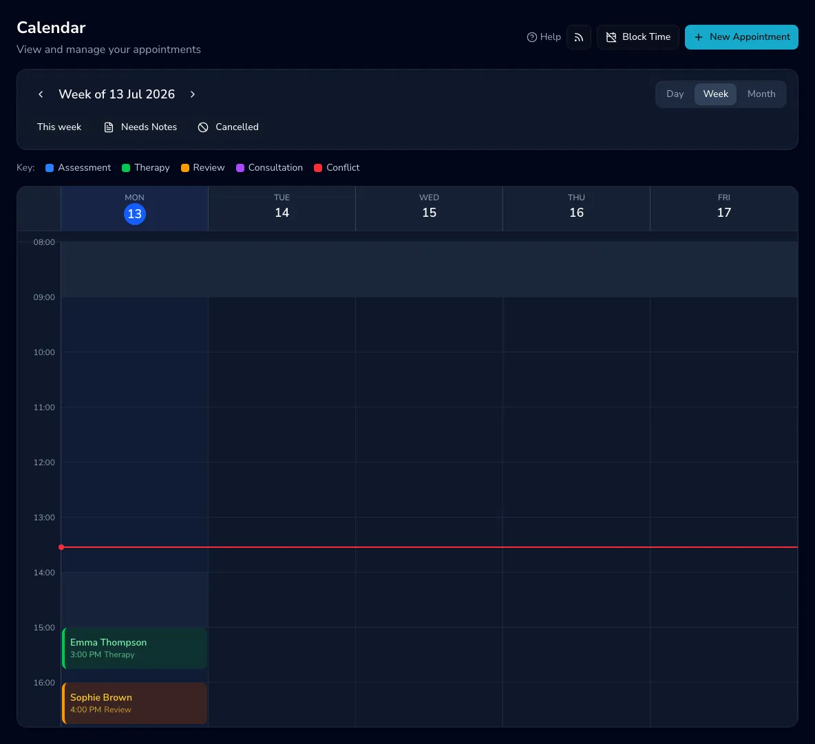 The Practicos calendar in week view, showing appointments colour-coded by type with day, week and month controls