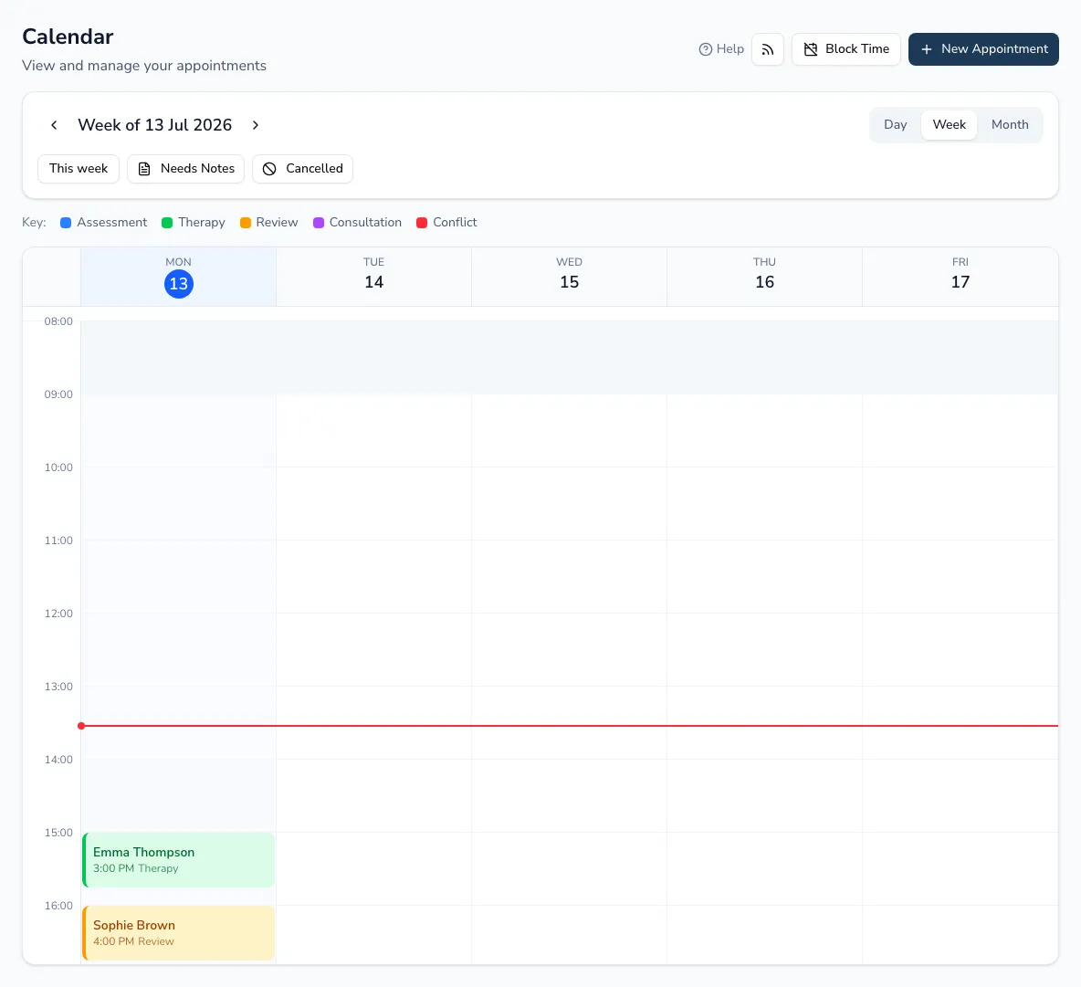 The Practicos calendar in week view, showing appointments colour-coded by type with day, week and month controls