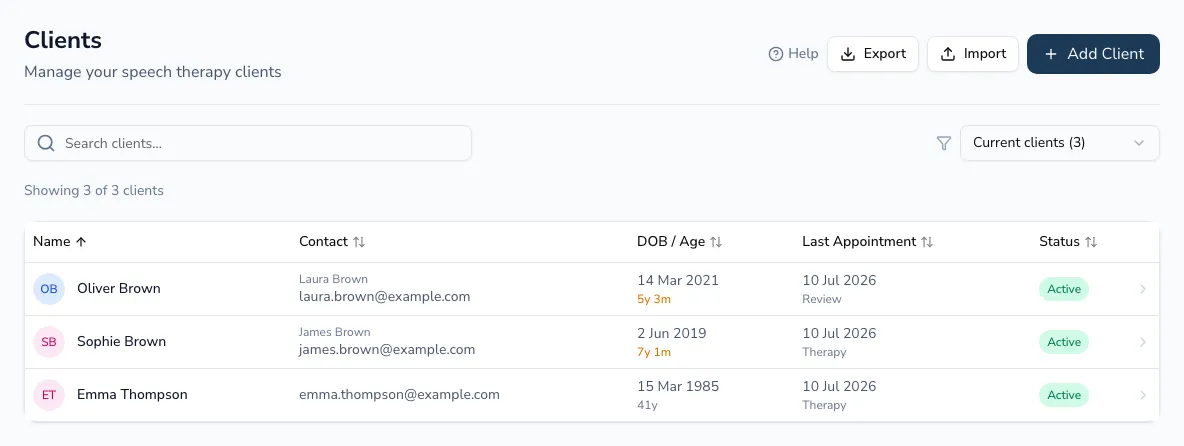 The Practicos clients list showing sample clients with contact, date of birth, last appointment and status columns