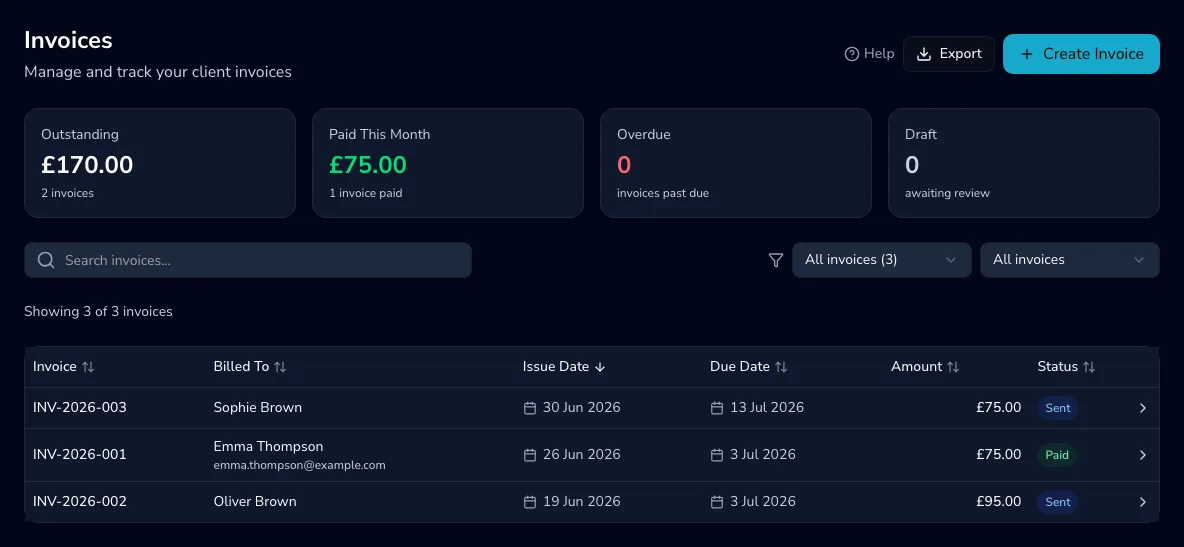 The Practicos invoices list with outstanding, paid, overdue and draft totals and a table of invoices by status