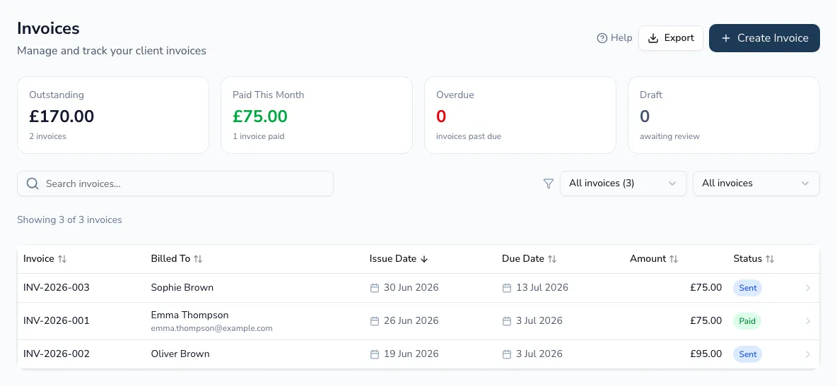 The Practicos invoices list with outstanding, paid, overdue and draft totals and a table of invoices by status