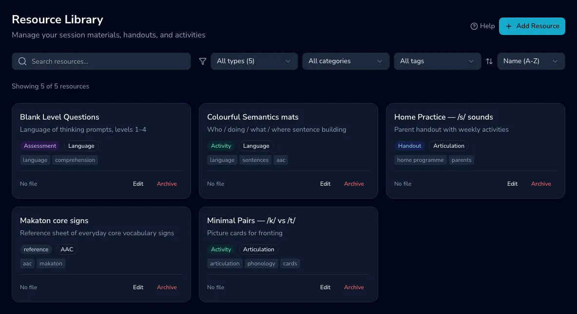 The resource library showing cards for session materials with type, category and tags