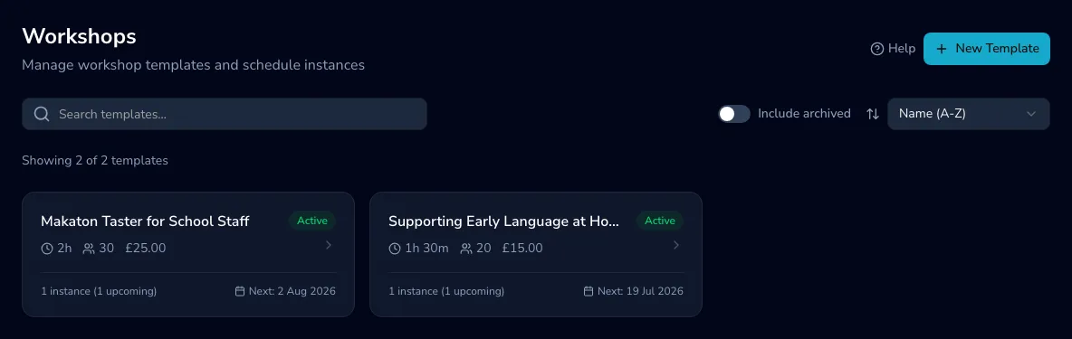 The workshops page showing template cards with duration, capacity, price and next instance