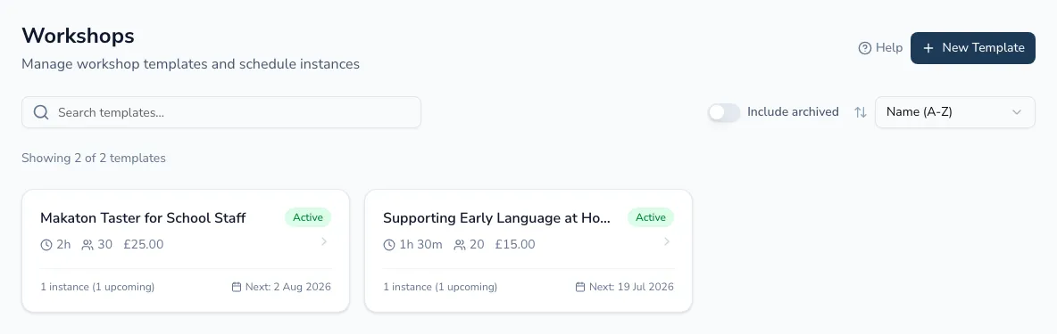 The workshops page showing template cards with duration, capacity, price and next instance