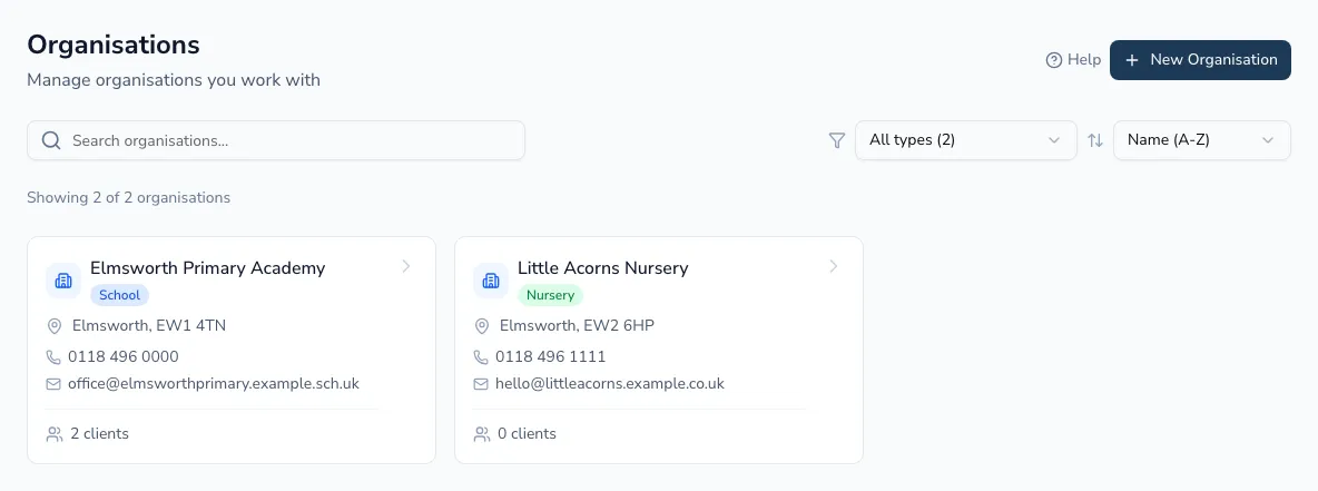 The organisations directory showing school and nursery cards with client and contact counts