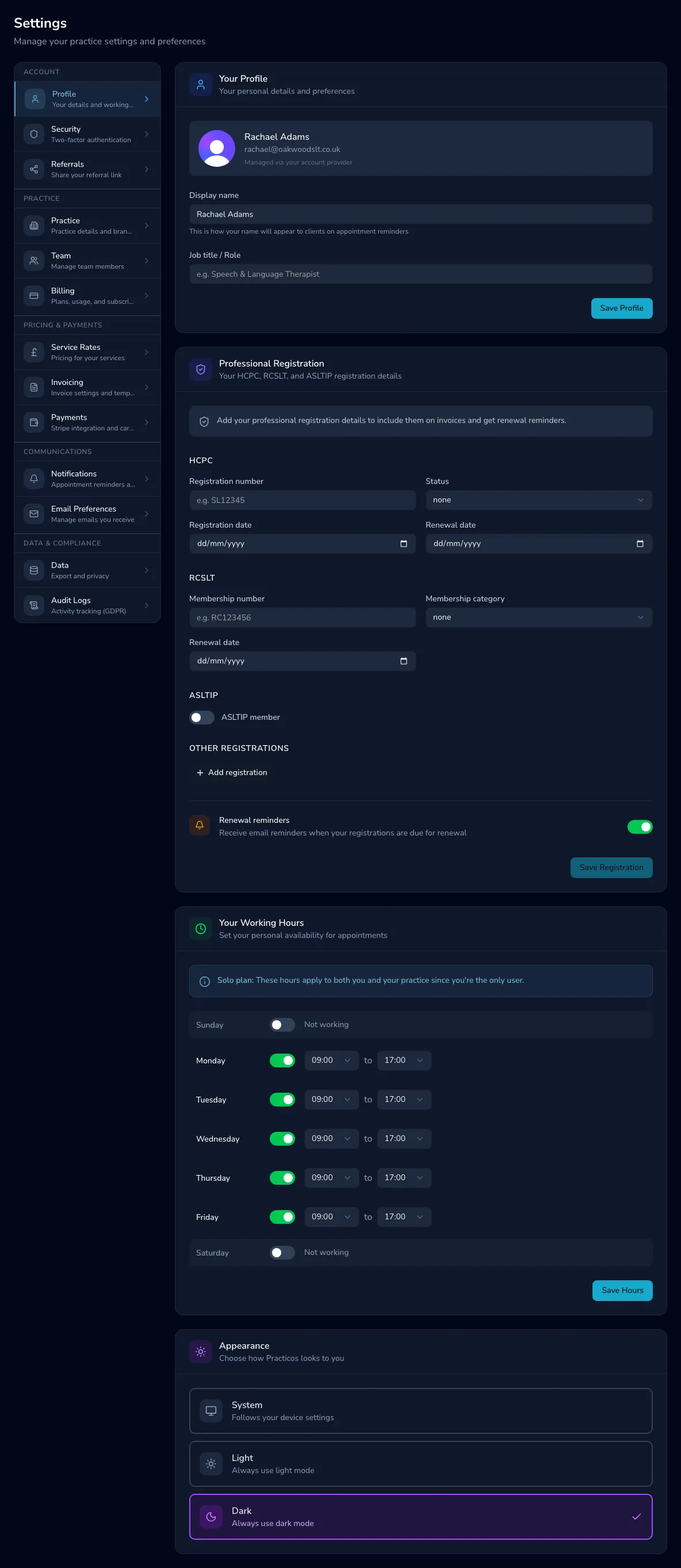 The profile settings page with display name, professional registration, working hours and theme