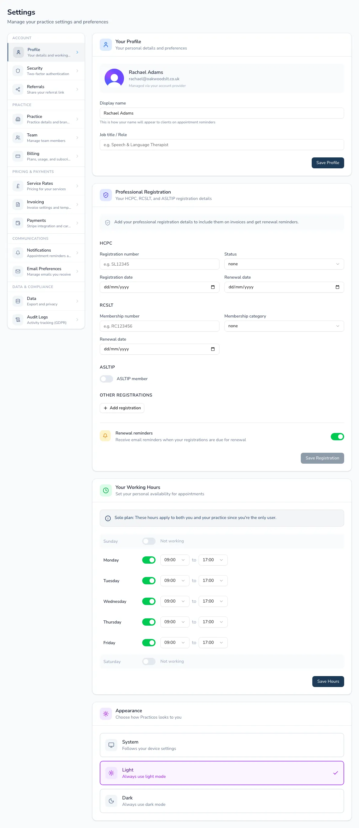 The profile settings page with display name, professional registration, working hours and theme