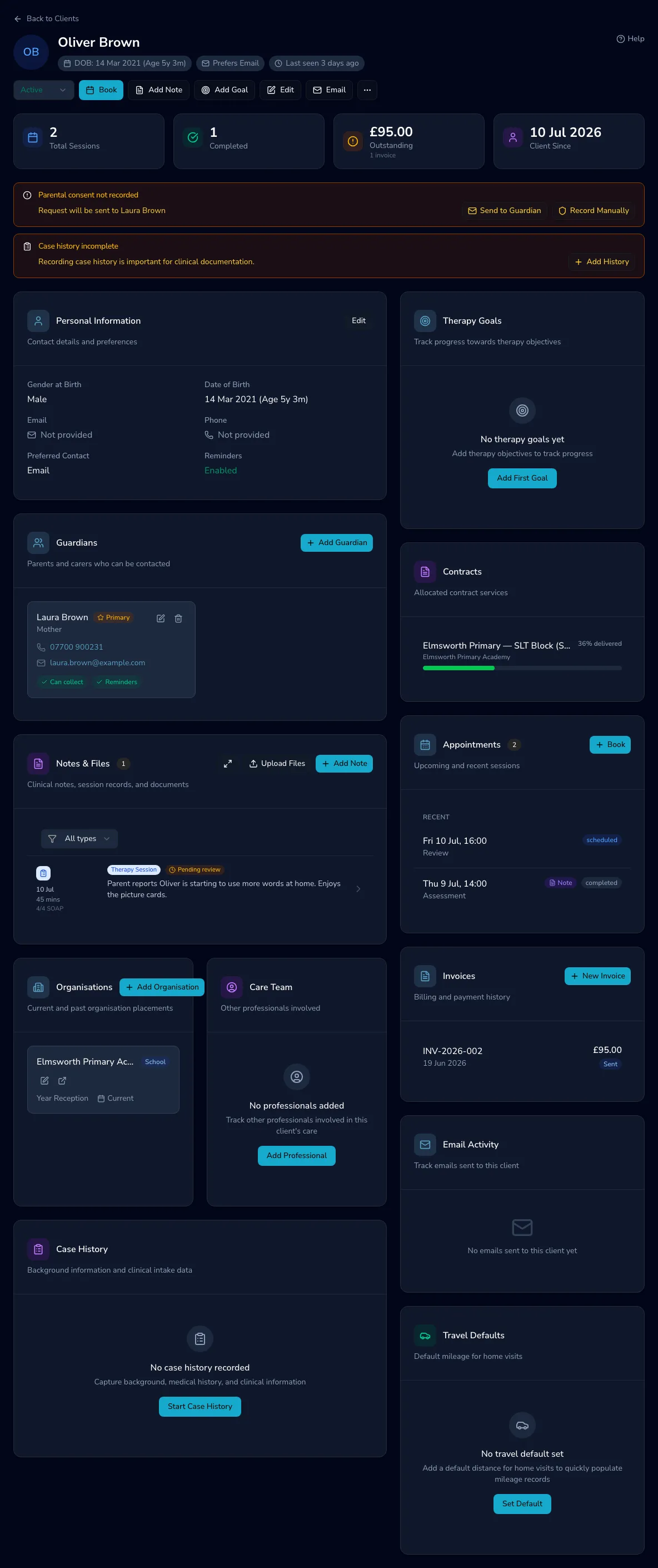 A Practicos client record: the action bar, stat cards, consent and case-history alerts, personal information, guardians, goals, appointments and invoices