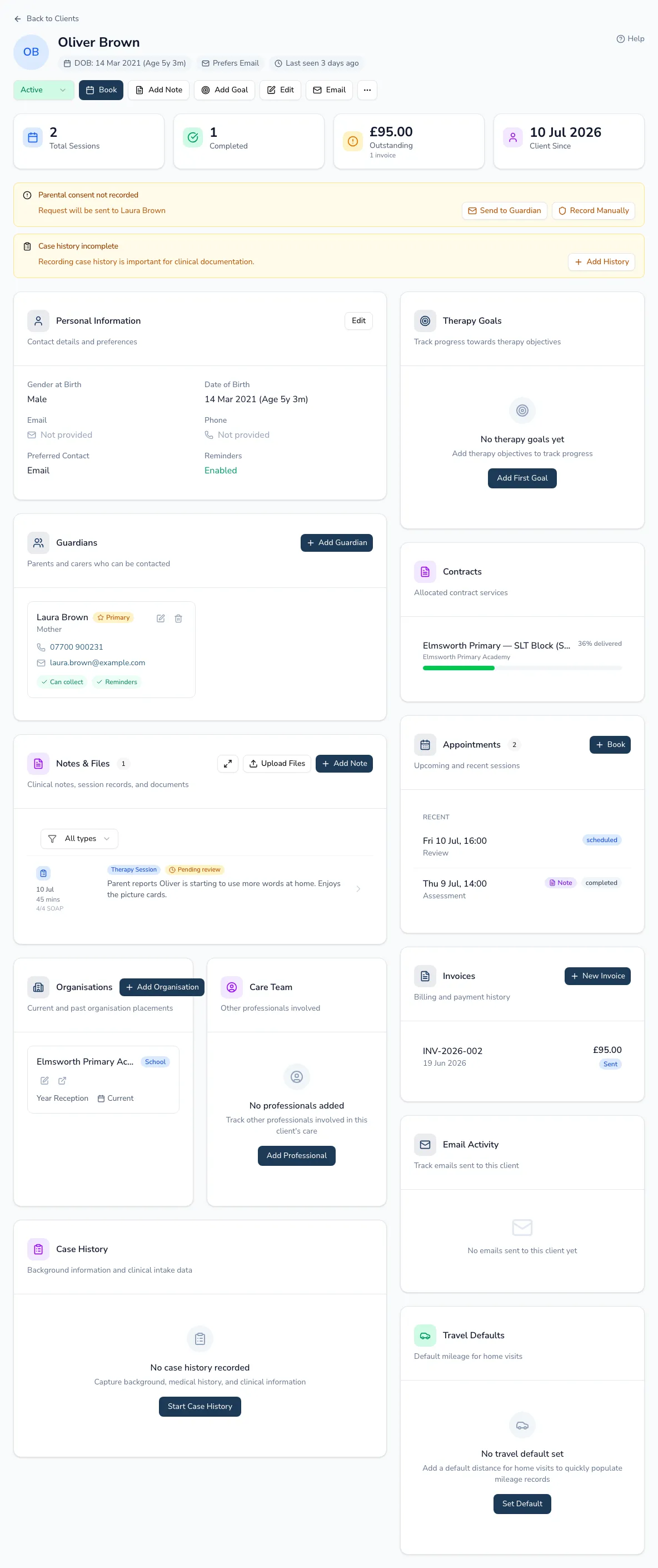 A Practicos client record: the action bar, stat cards, consent and case-history alerts, personal information, guardians, goals, appointments and invoices