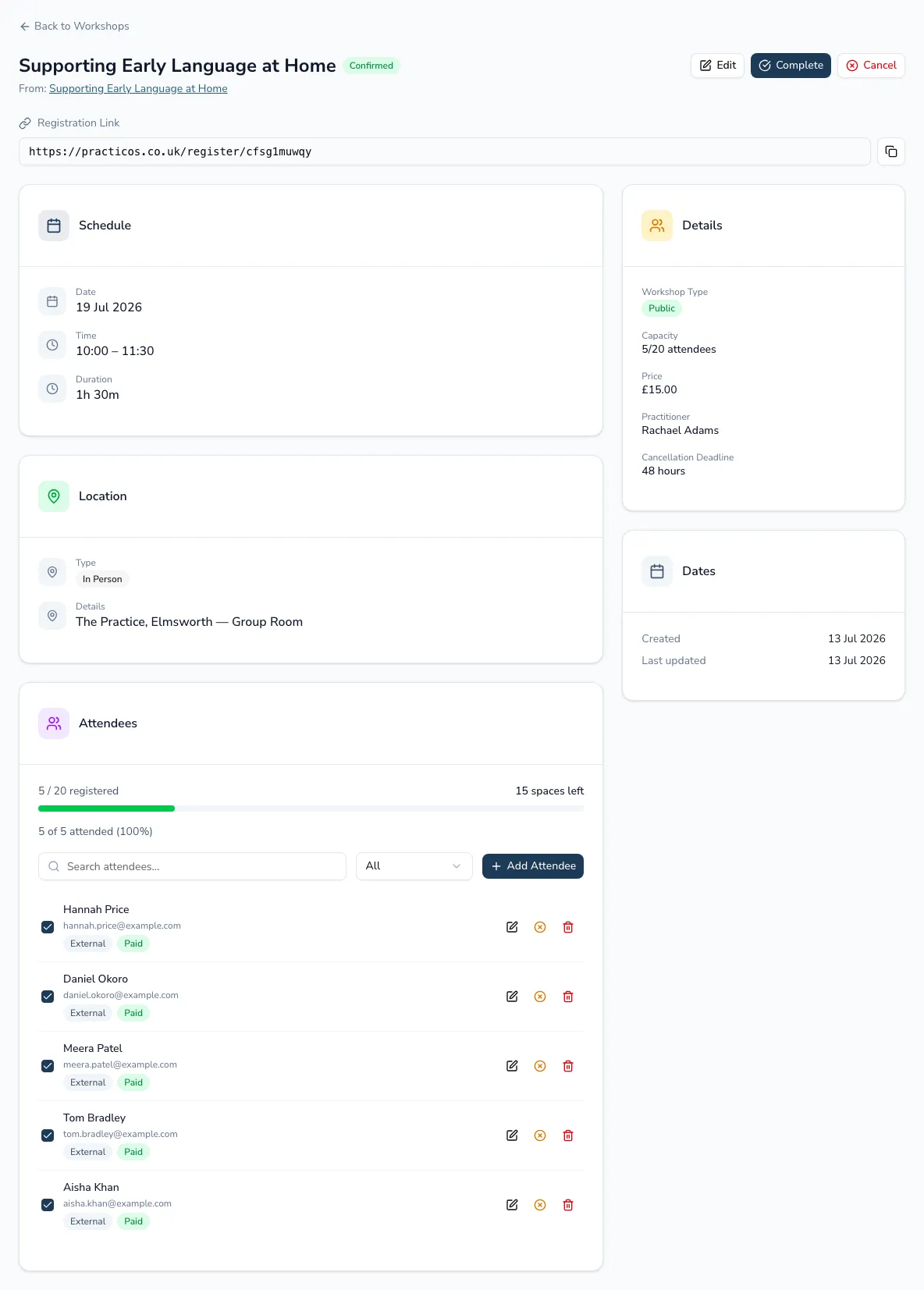 A workshop instance page with the registration link, schedule, location, details and the attendee list