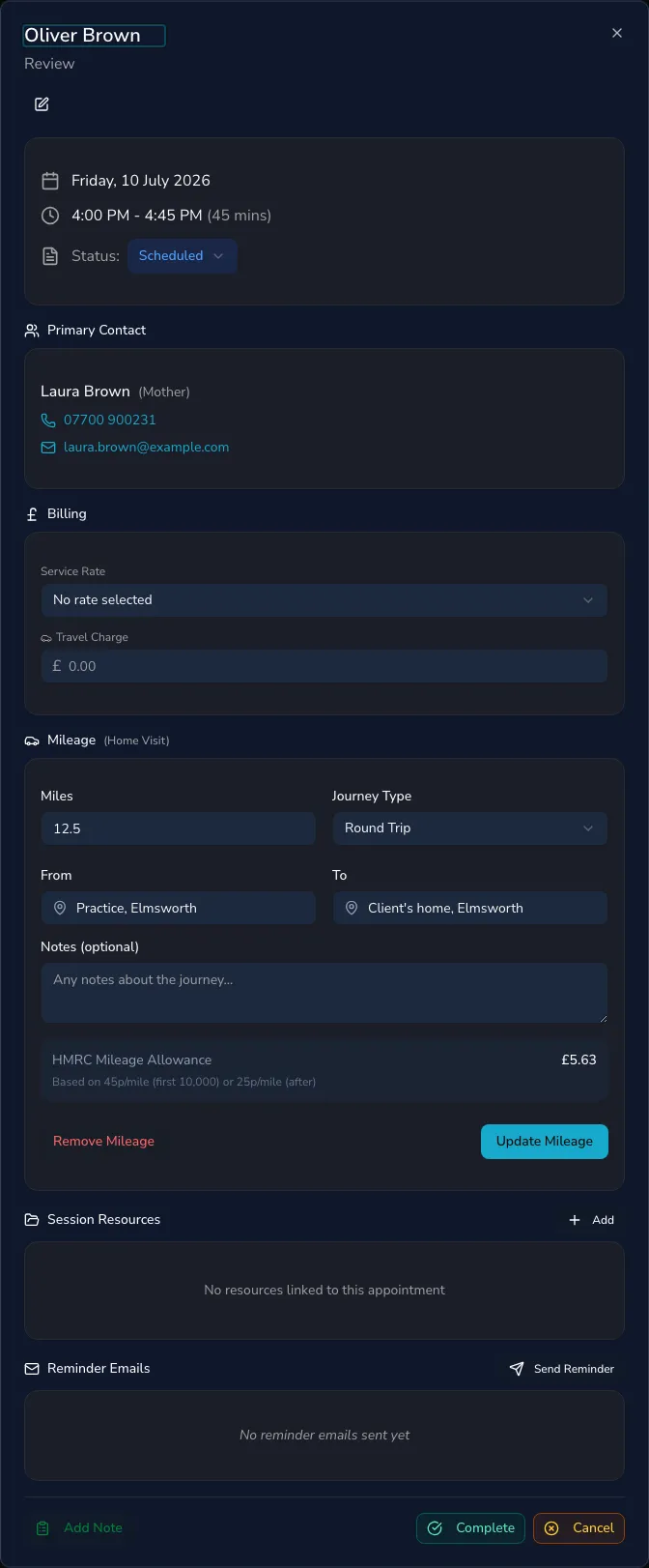 An appointment's detail panel showing the date and time, a status dropdown, the primary contact with tap-to-call and email, billing and mileage, and Complete, Cancel and Add note actions
