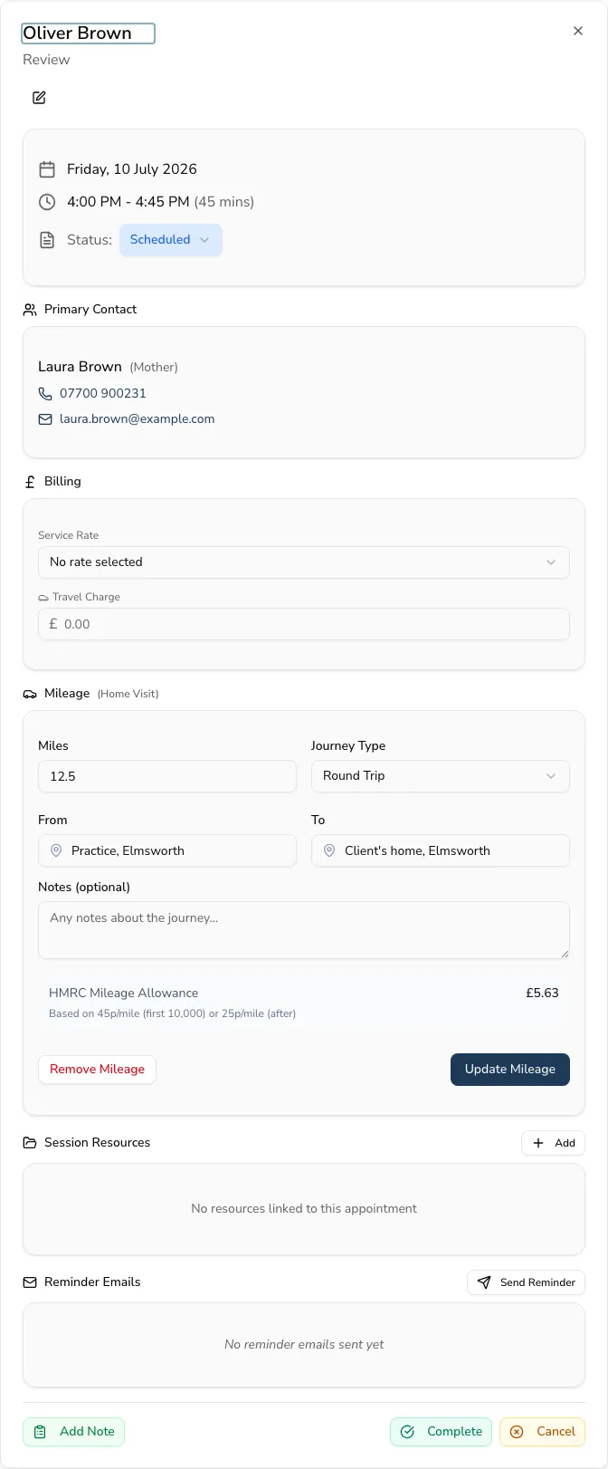 An appointment's detail panel showing the date and time, a status dropdown, the primary contact with tap-to-call and email, billing and mileage, and Complete, Cancel and Add note actions