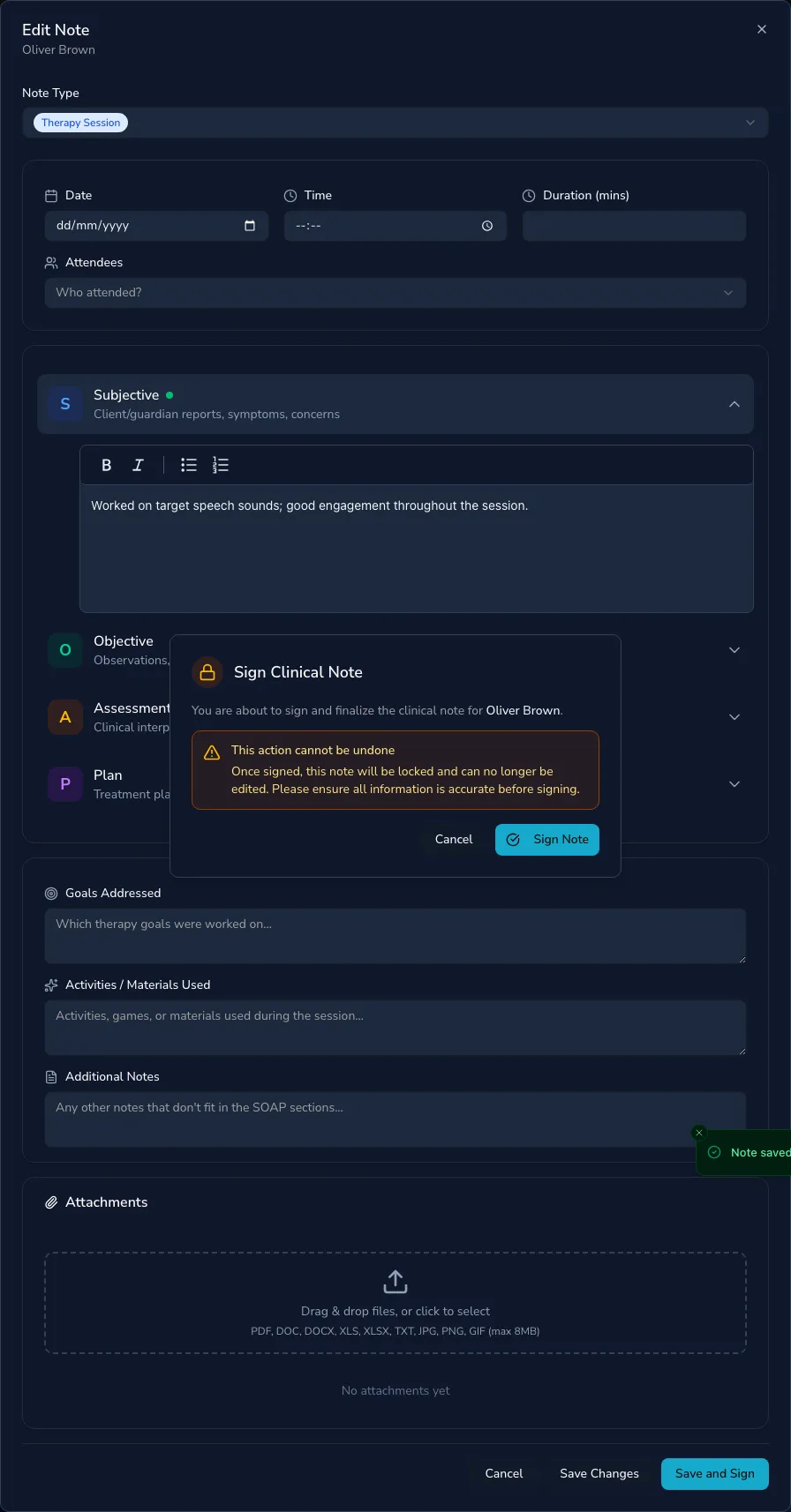 The clinical note editor with 'Save Changes' and 'Save and Sign' options, and the 'Sign Clinical Note' confirmation warning that once signed the note will be locked and can no longer be edited
