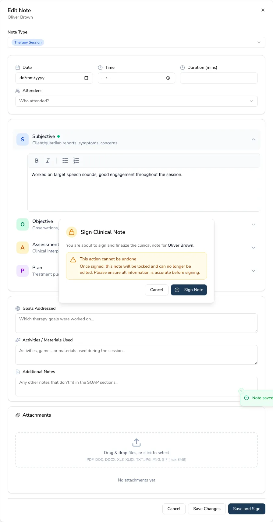 The clinical note editor with 'Save Changes' and 'Save and Sign' options, and the 'Sign Clinical Note' confirmation warning that once signed the note will be locked and can no longer be edited