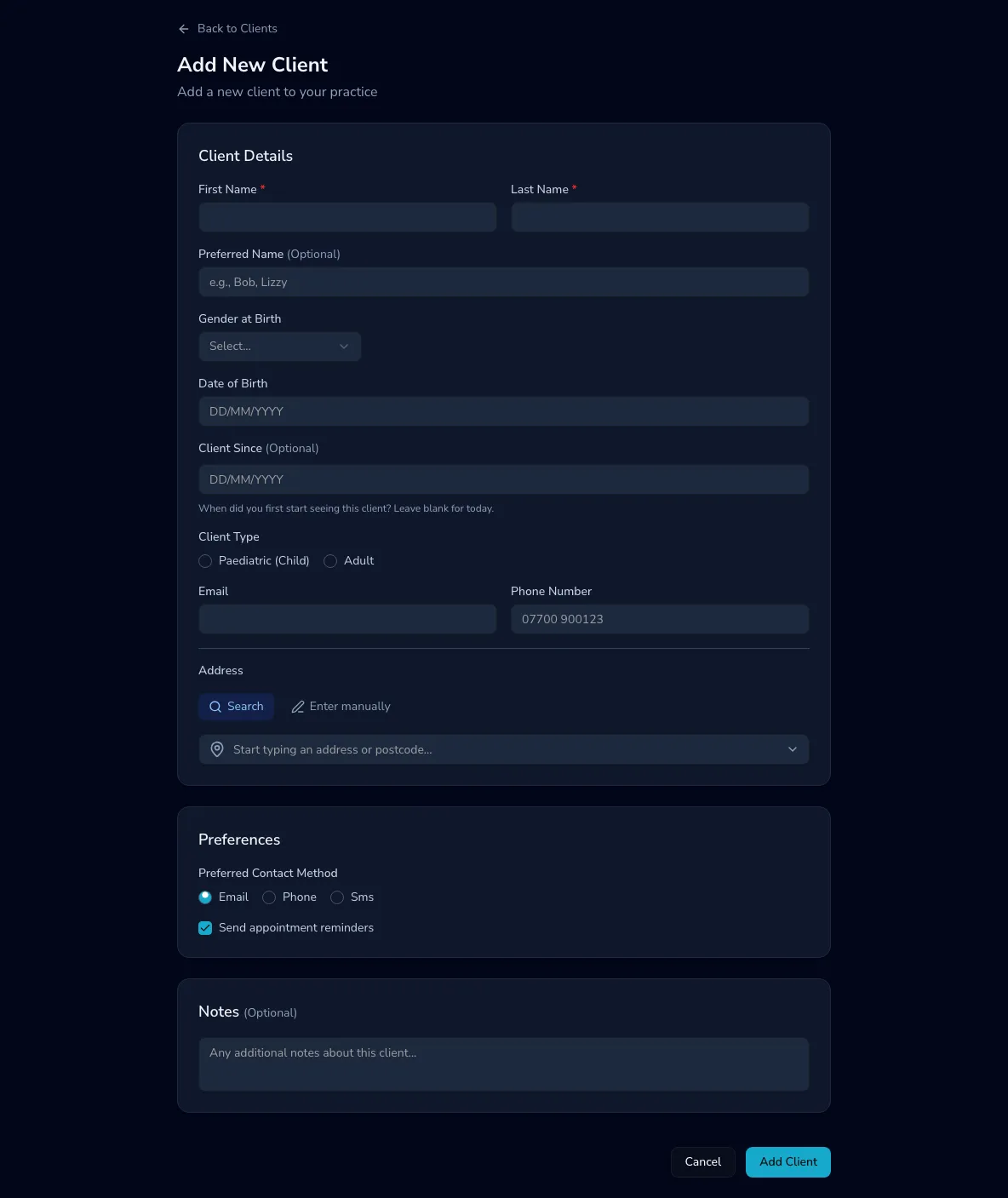 The Practicos add-client form with name, date of birth, contact details and preferences