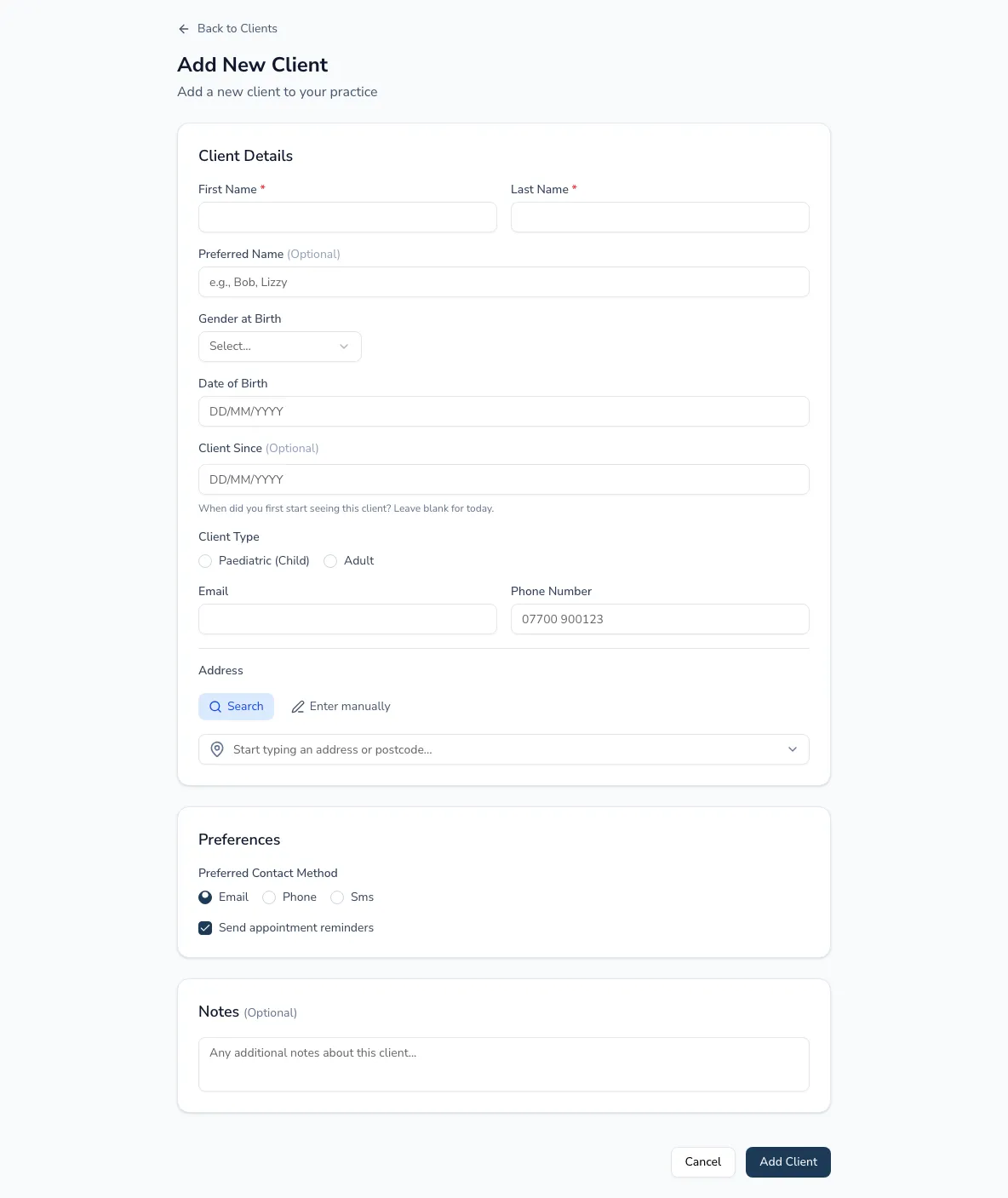 The Practicos add-client form with name, date of birth, contact details and preferences