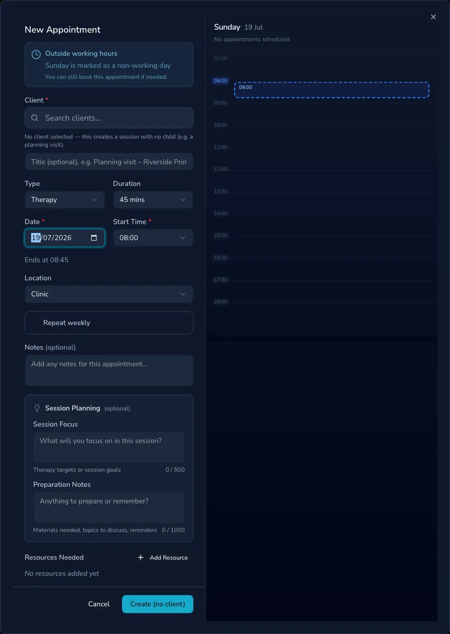 The new-appointment window showing an 'Outside working hours' warning because the chosen date falls on a Sunday, a non-working day, with a note that you can still book the appointment if needed