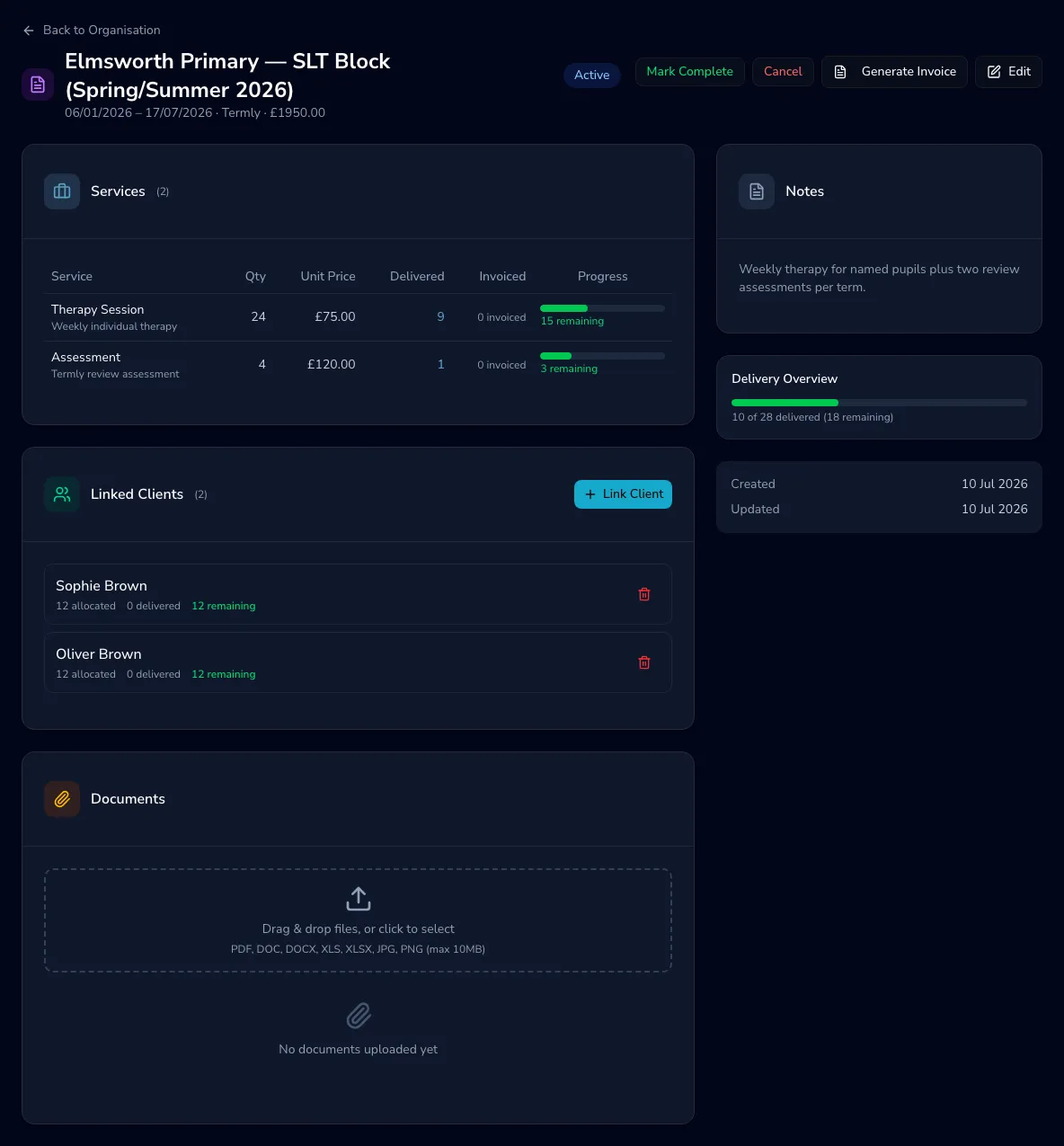 A contract detail page showing the services table with delivery progress, linked clients with allocations, and delivery overview