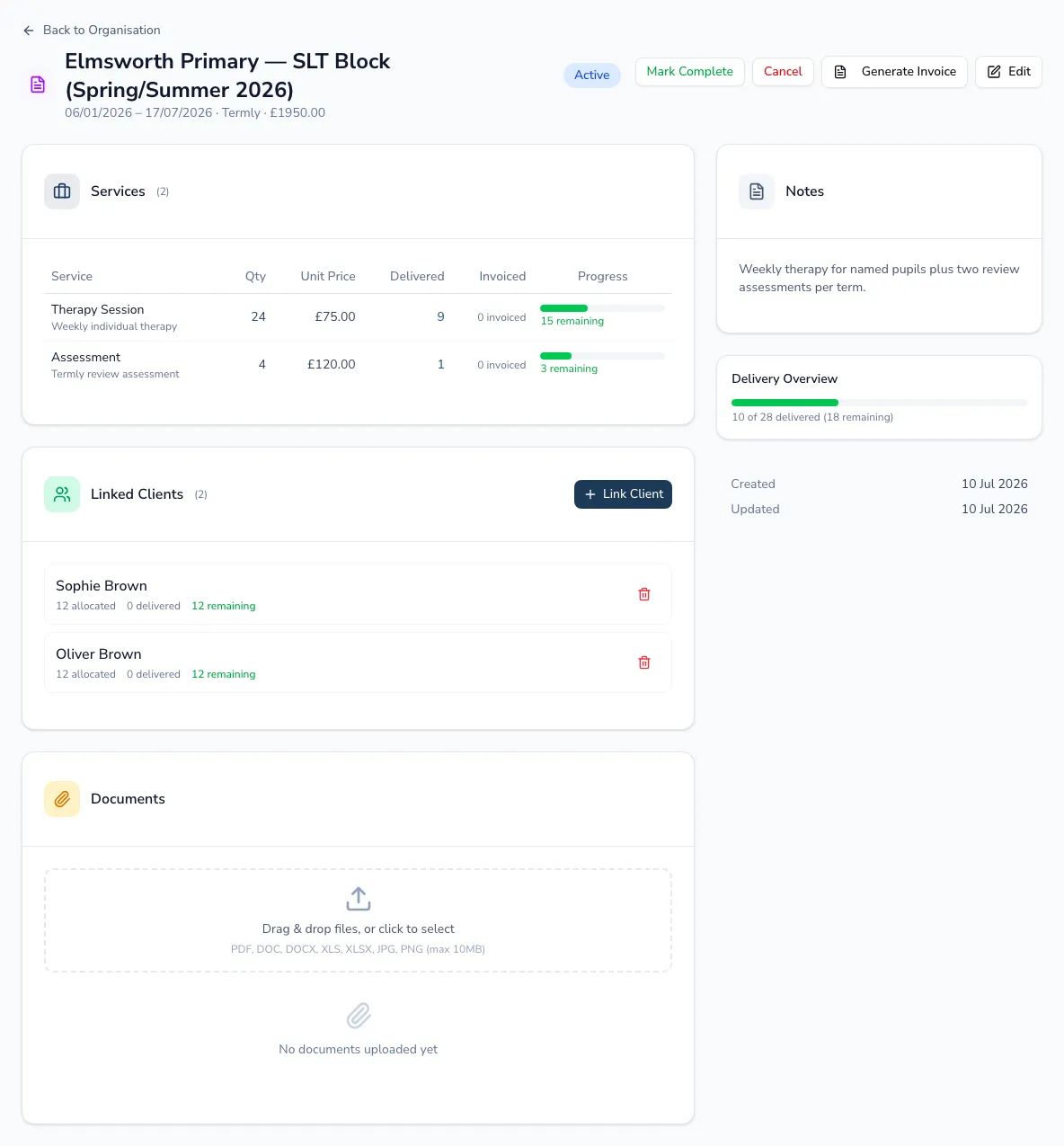 A contract detail page showing the services table with delivery progress, linked clients with allocations, and delivery overview