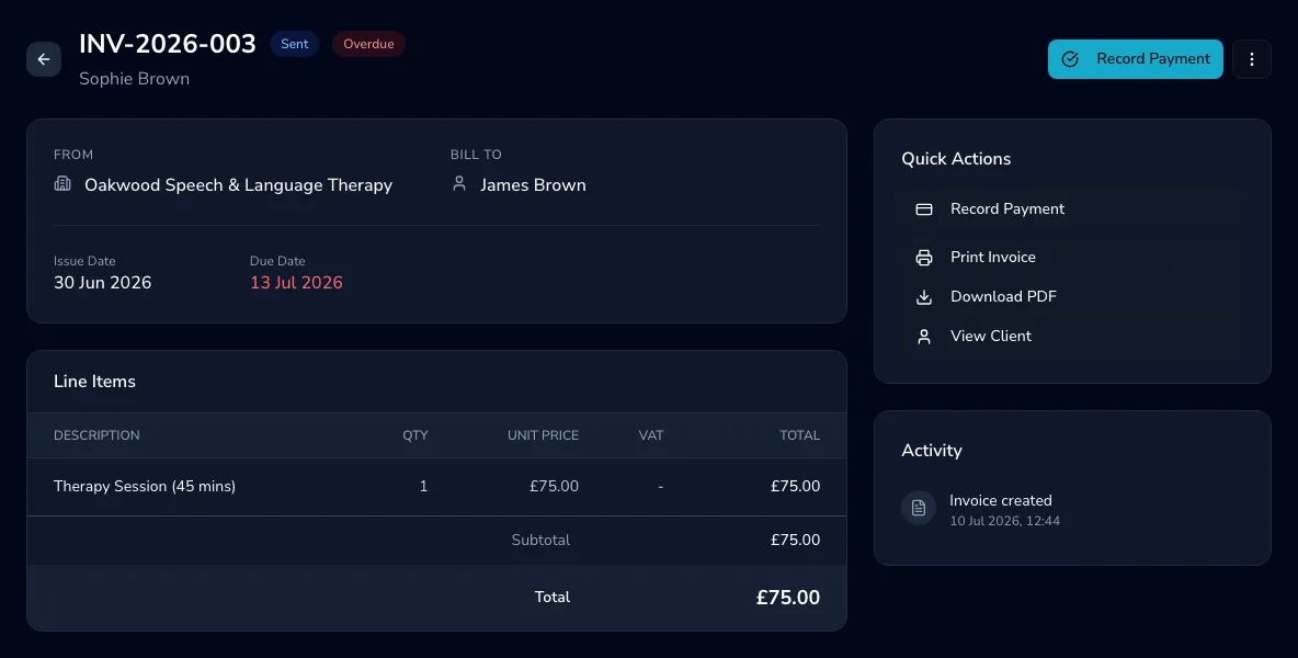 An invoice detail page showing the from/bill-to, line items with VAT, totals, quick actions and the activity log