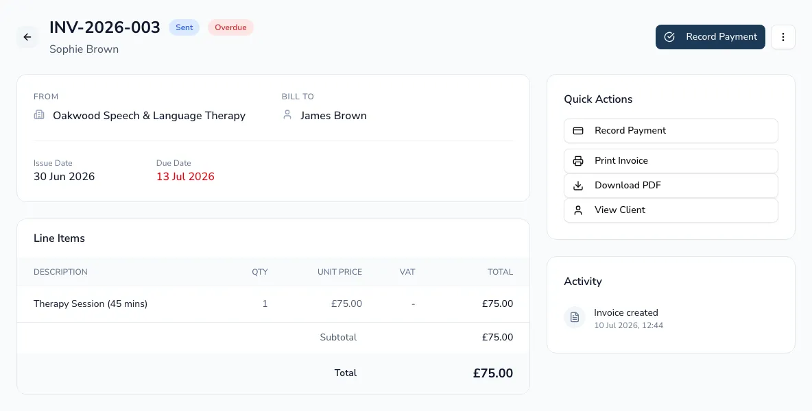 An invoice detail page showing the from/bill-to, line items with VAT, totals, quick actions and the activity log