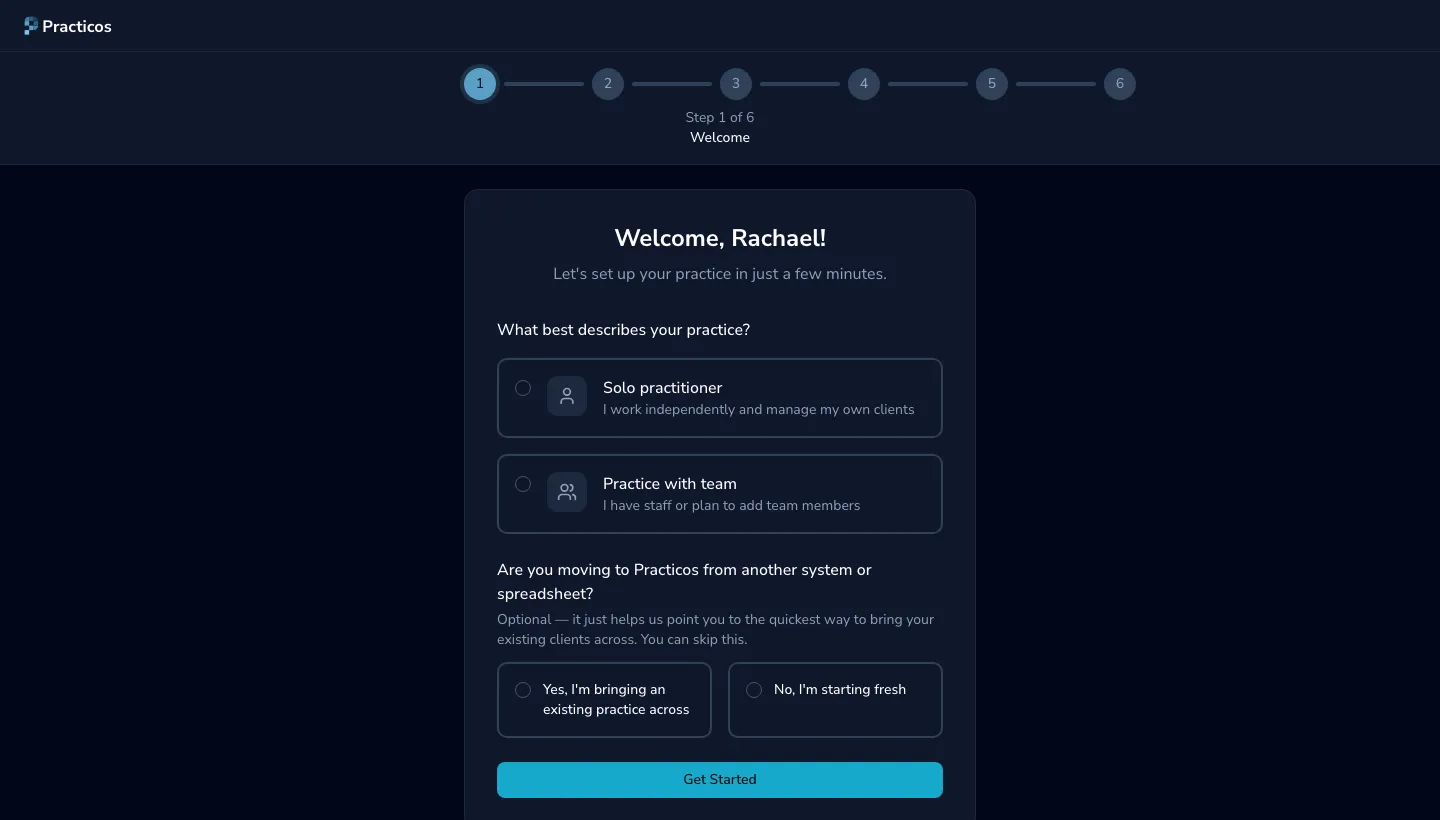 The onboarding wizard's welcome step with a 6-step progress indicator and a solo-or-team practice choice