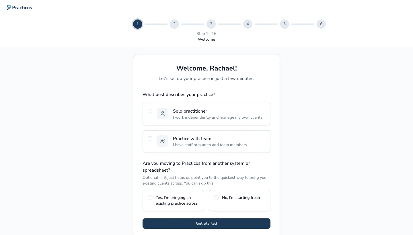 The onboarding wizard's welcome step with a 6-step progress indicator and a solo-or-team practice choice