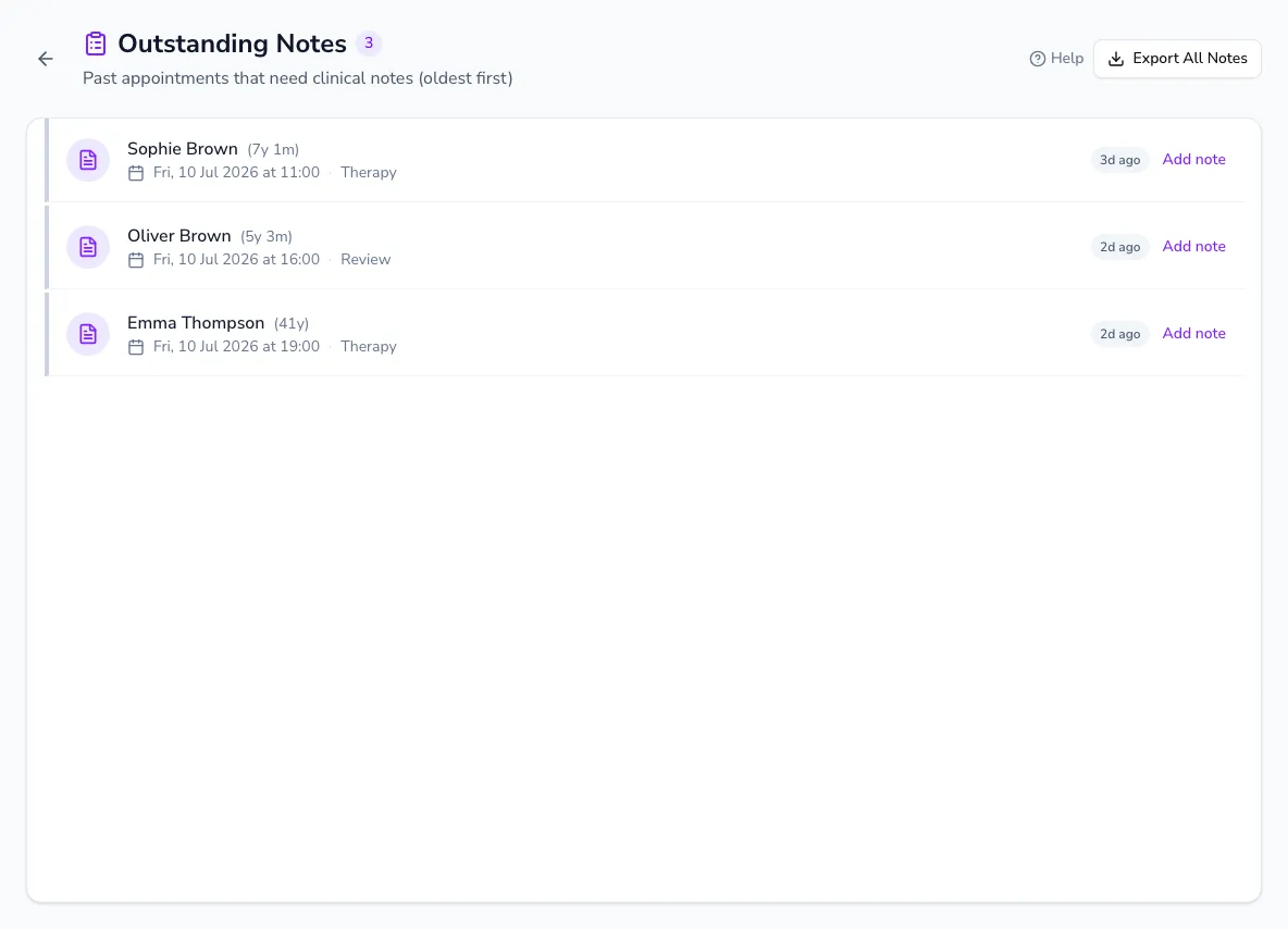 The outstanding-notes worklist showing a past appointment that still needs a clinical note, with an Add note action