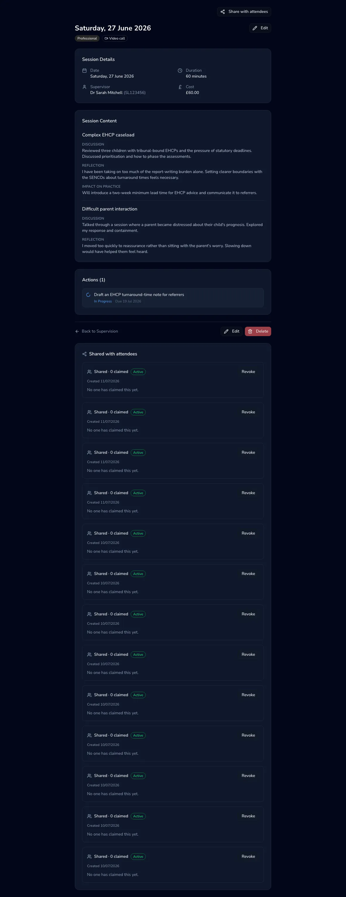 A supervision session detail page showing the full record and the Share with attendees button