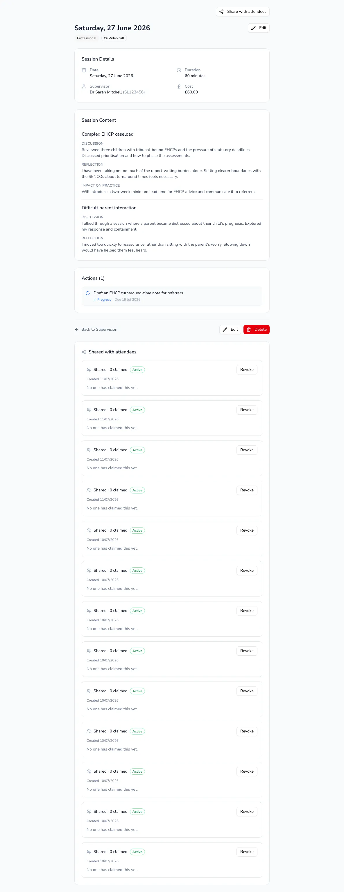 A supervision session detail page showing the full record and the Share with attendees button