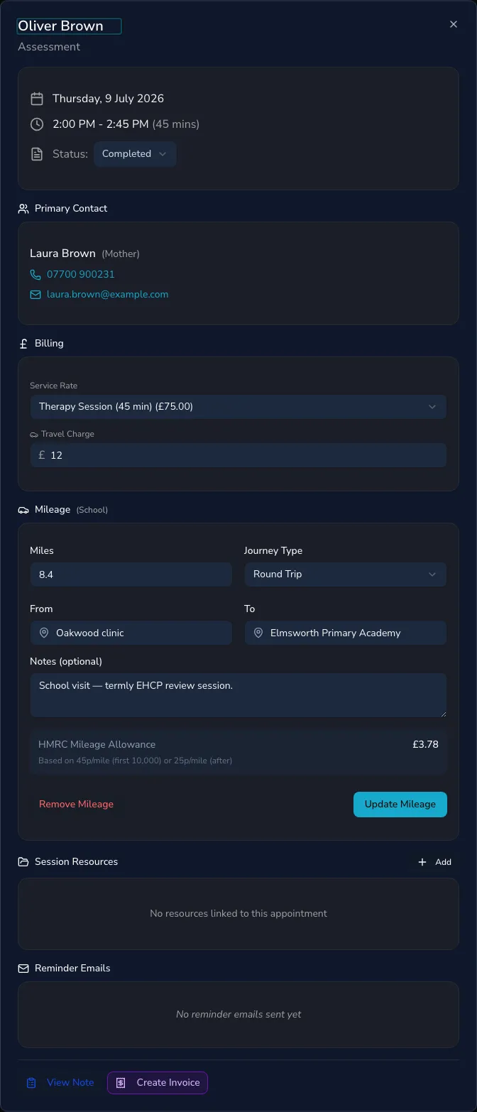 A completed appointment showing its billing section with a service rate and travel charge, a mileage section for a school visit (miles, journey type, from and to locations) with the HMRC allowance calculated, and a Create Invoice button