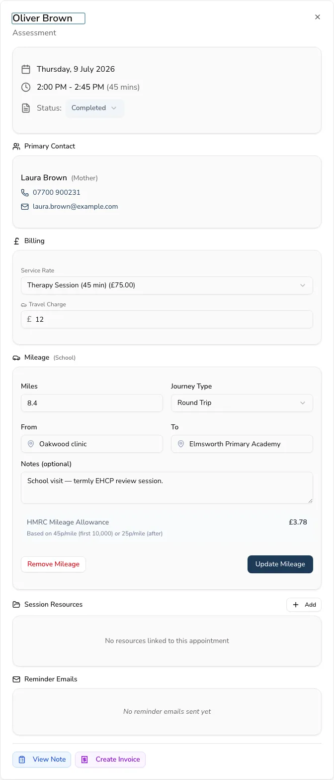 A completed appointment showing its billing section with a service rate and travel charge, a mileage section for a school visit (miles, journey type, from and to locations) with the HMRC allowance calculated, and a Create Invoice button