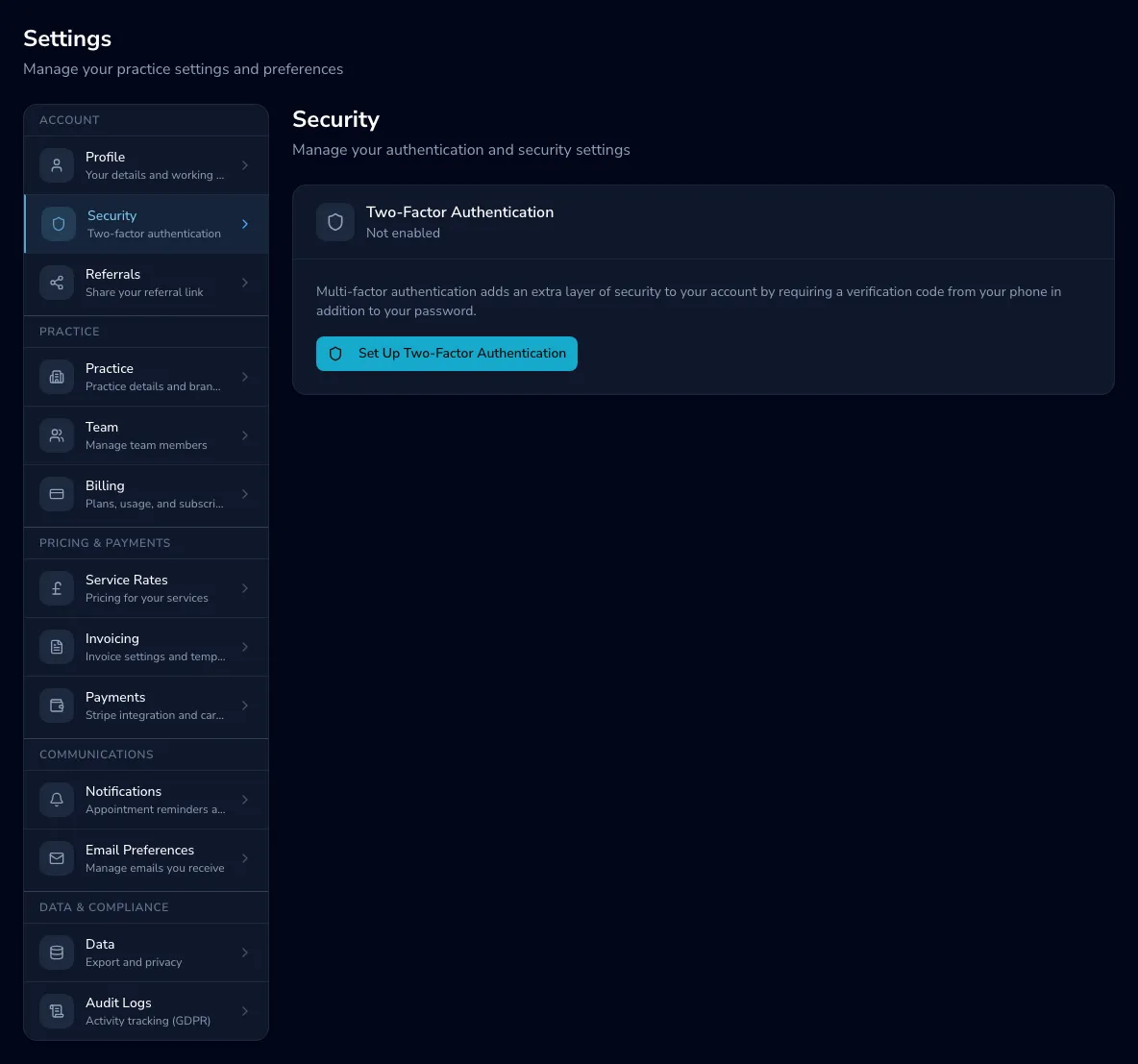 The security settings page for setting up two-factor authentication
