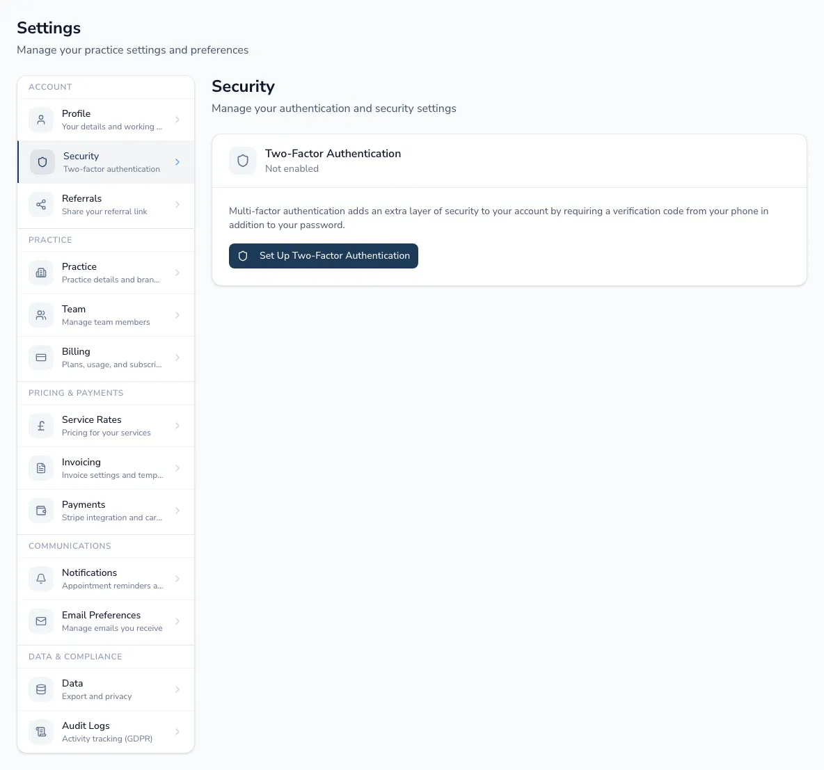 The security settings page for setting up two-factor authentication