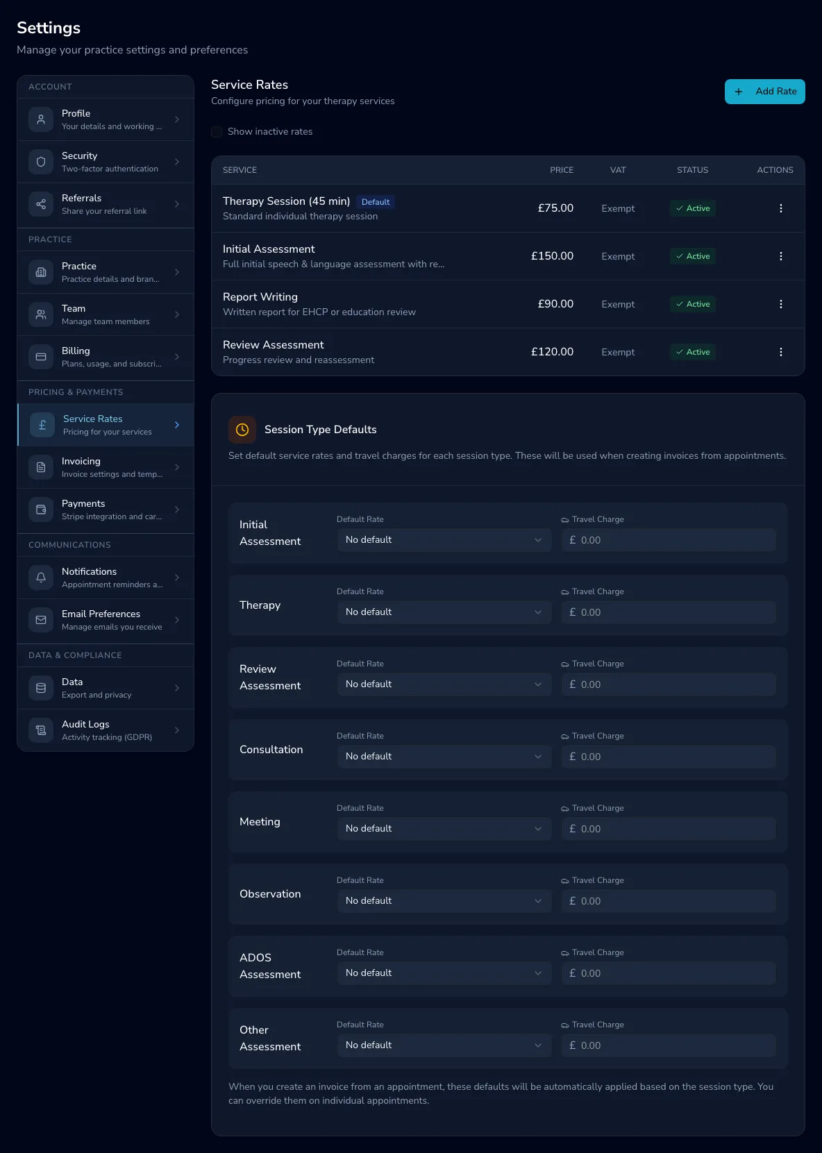 The service rates settings page listing rates with prices and VAT, and the session-type defaults
