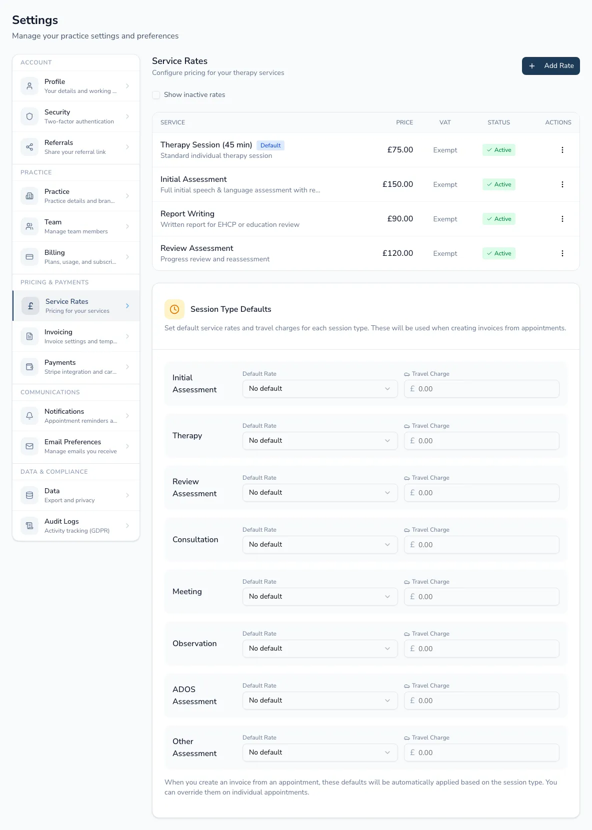 The service rates settings page listing rates with prices and VAT, and the session-type defaults