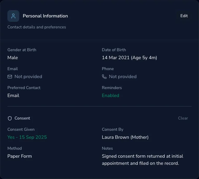 A client record with GDPR consent recorded: the consent block shows consent given on 15 September 2025, given by the mother, the method (paper form), and a note that the signed form was returned and filed