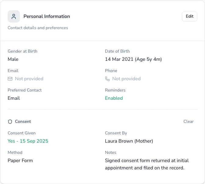 A client record with GDPR consent recorded: the consent block shows consent given on 15 September 2025, given by the mother, the method (paper form), and a note that the signed form was returned and filed