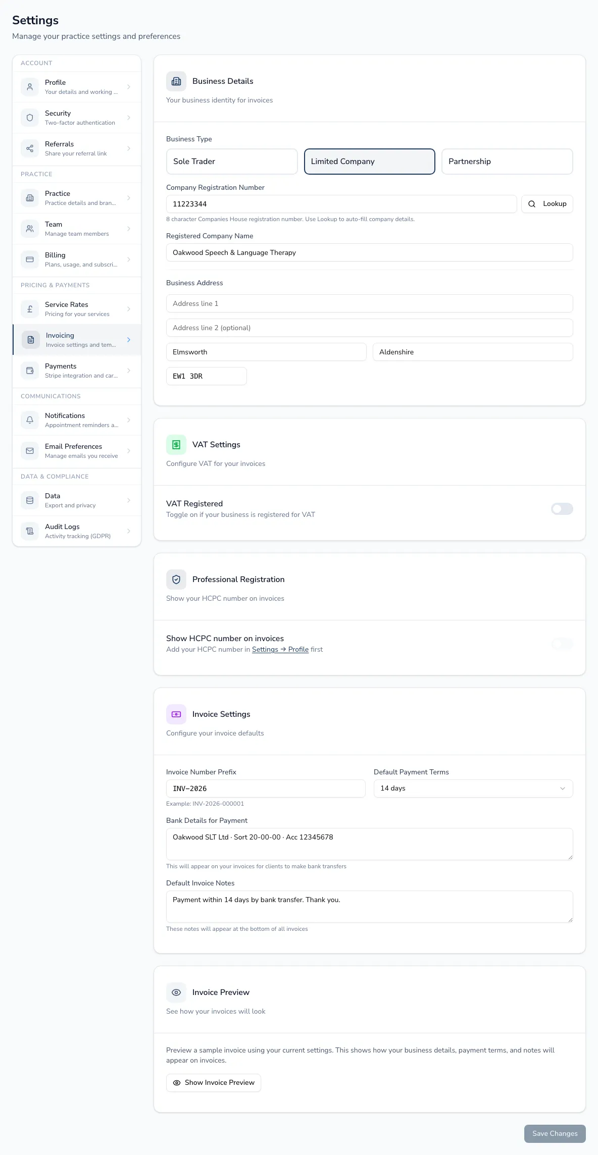 Invoicing settings: business details with Companies House lookup, VAT, invoice numbering, payment terms and bank details