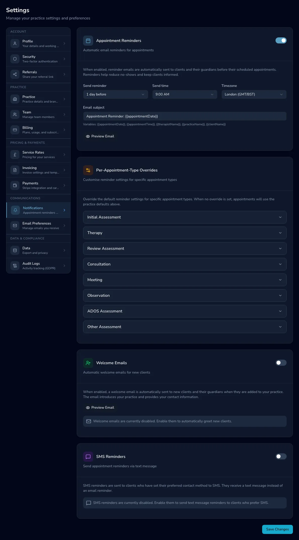 The notification settings page for appointment reminder emails, timing and templates