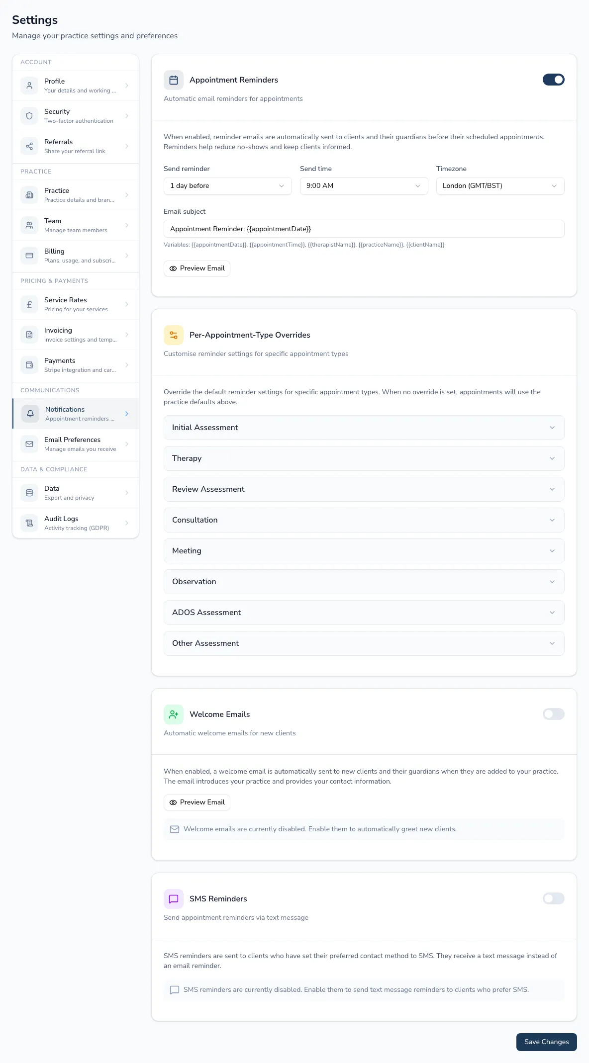 The notification settings page for appointment reminder emails, timing and templates