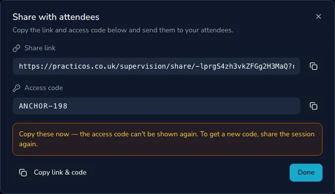 The share dialog showing a generated link and a WORD-NNN access code