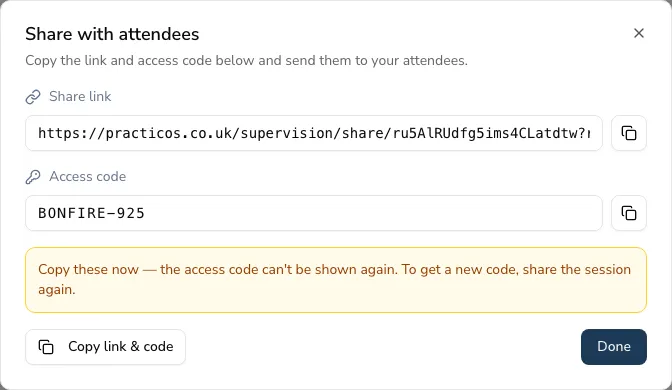 The share dialog showing a generated link and a WORD-NNN access code