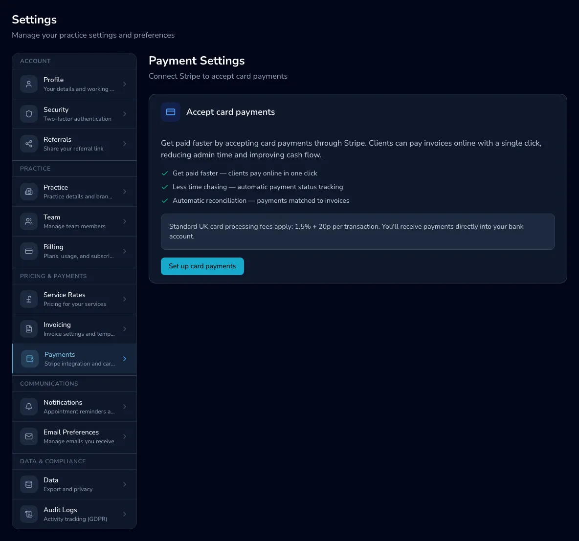 The payments settings page prompting you to set up card payments with Stripe