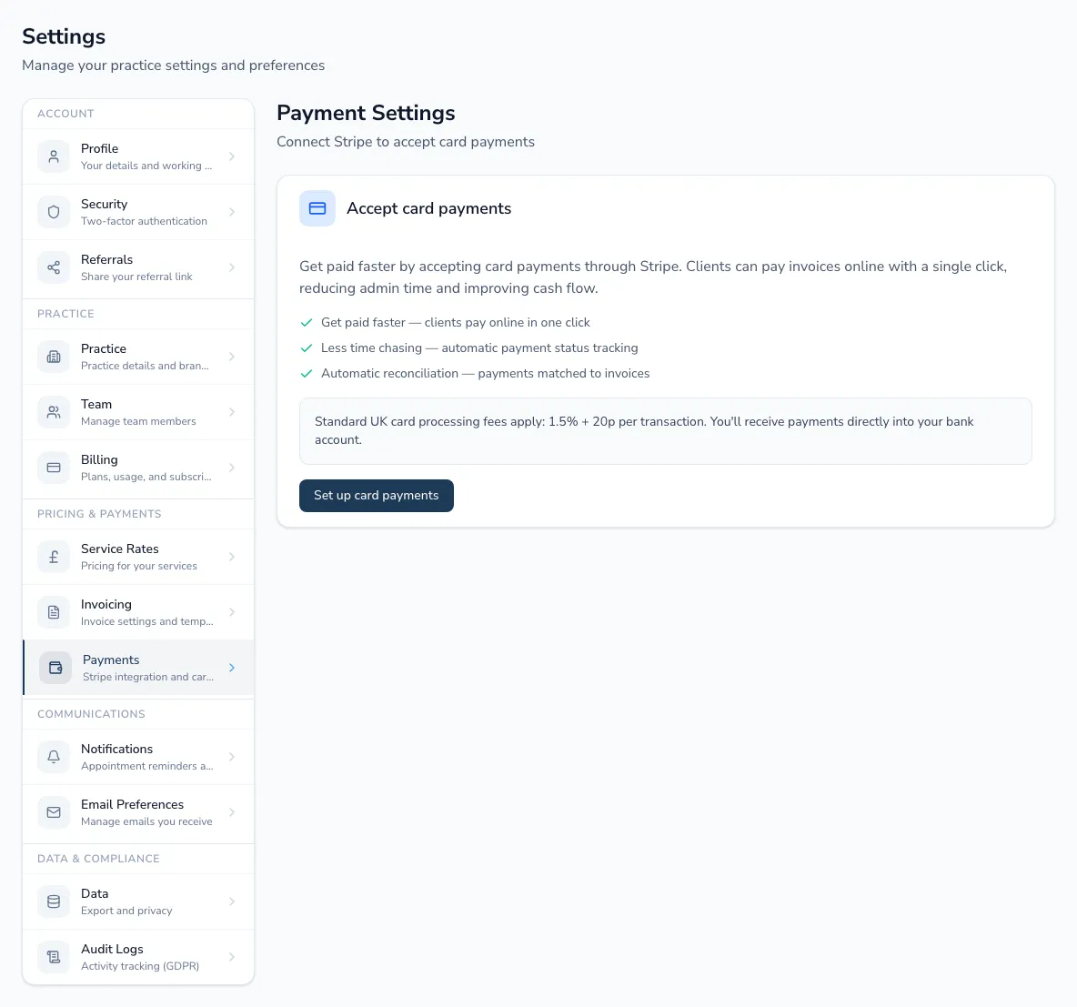 The payments settings page prompting you to set up card payments with Stripe