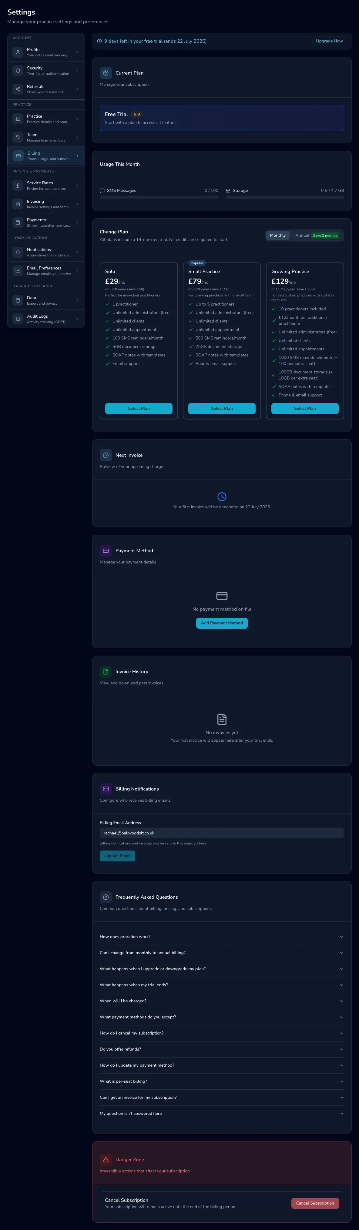 The billing page showing the current plan, plan comparison, usage, payment method and invoice history