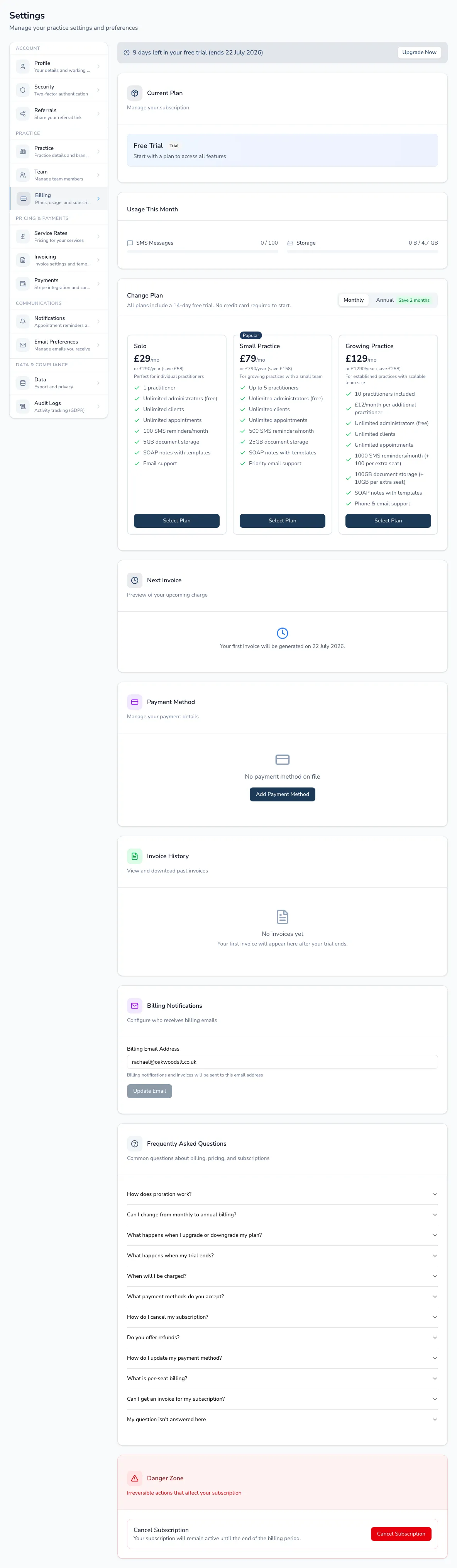 The billing page showing the current plan, plan comparison, usage, payment method and invoice history