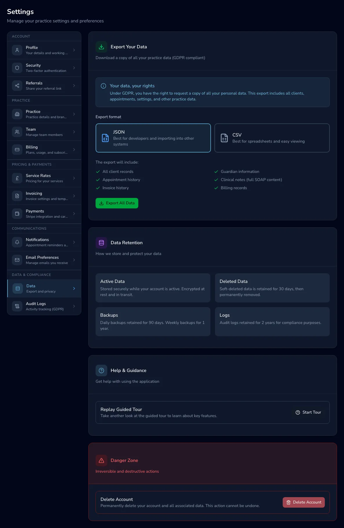 The data and privacy settings page with GDPR export, retention information and account deletion